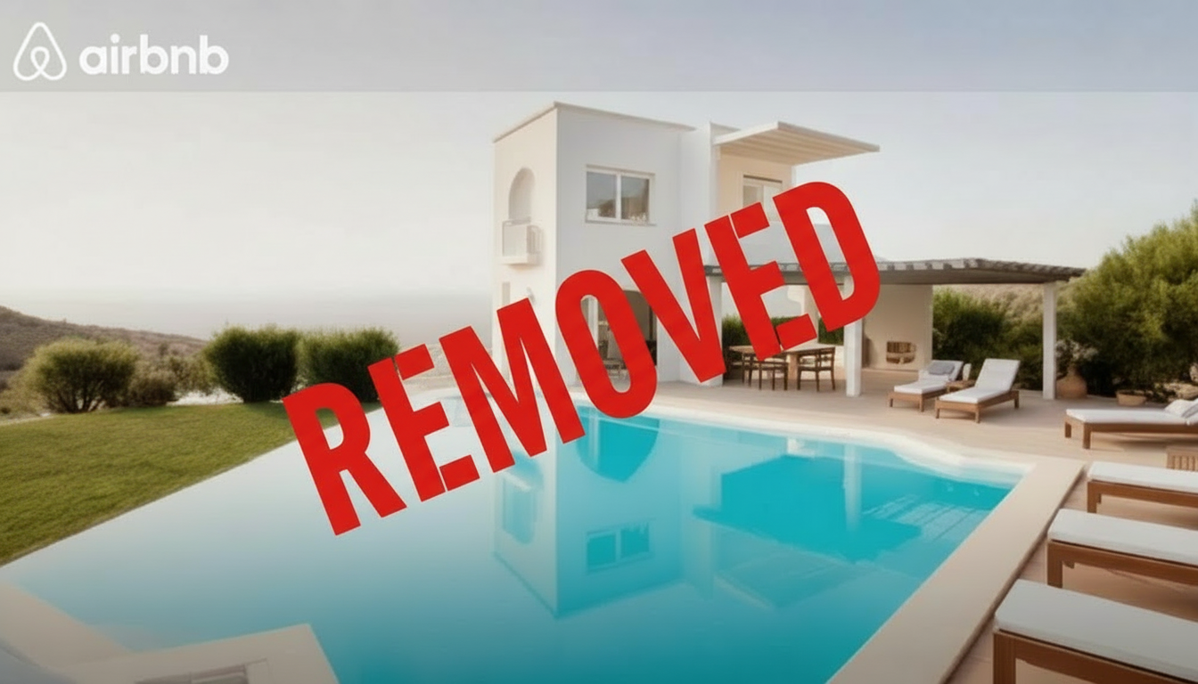 Mock Airbnb listing with REMOVED stamp - illustrating unregistered rental risks in Cyprus after the May 2026 registration deadline