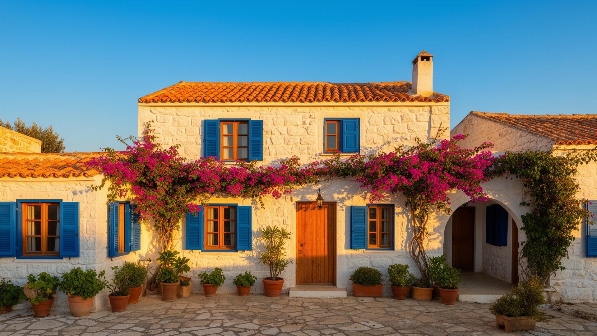 Traditional Cypriot Mediterranean home with whitewashed stone walls, blue shutters and bougainvillea