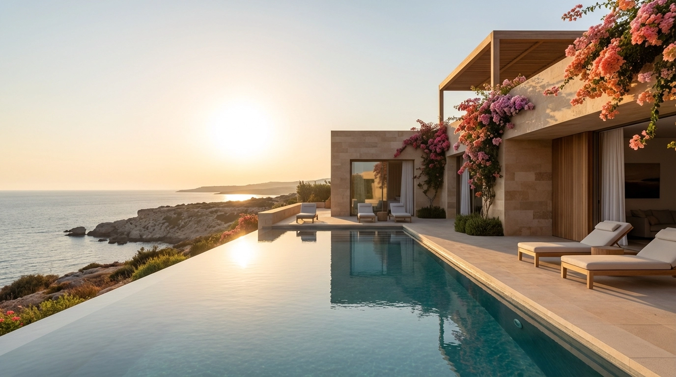 Stunning Cyprus coastal villa with infinity pool at sunset