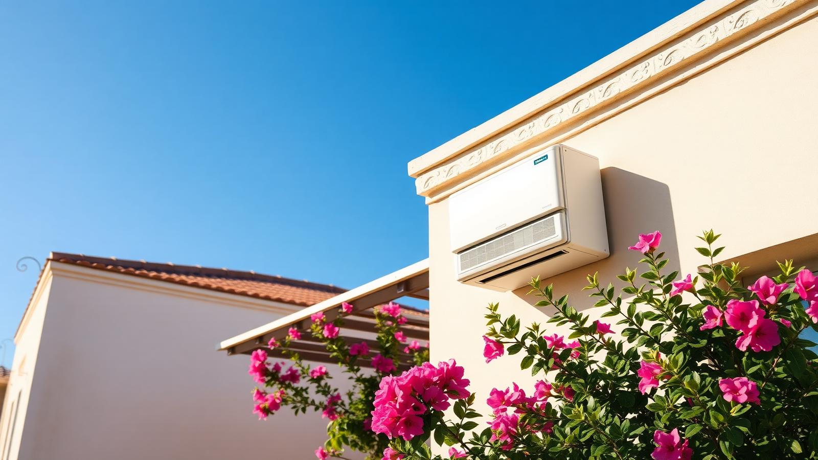 Modern inverter air-conditioning unit on the wall of a Cyprus villa in summer