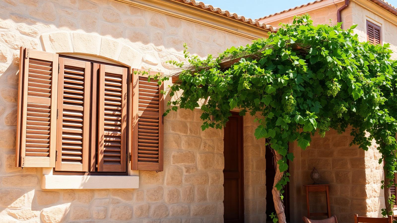 Closed shutters and a shaded veranda on a traditional Cyprus house