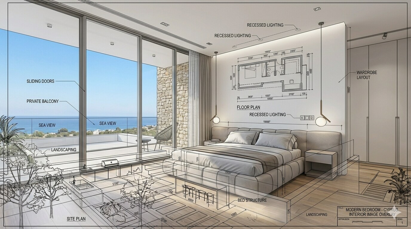 Modern Cyprus bedroom with sea view and architectural floor plan and site plan overlay — plot and build vs off-plan guide 2026